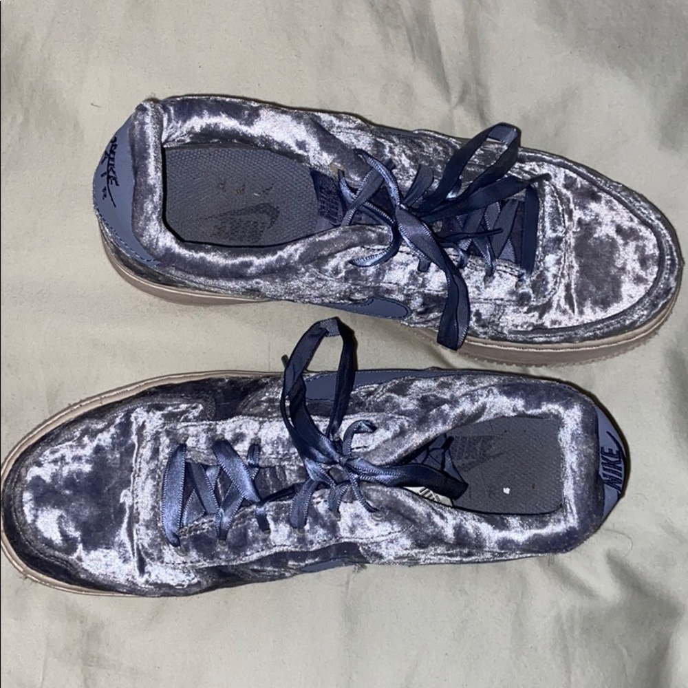 Blue suede Air Force ones with ribbon ties